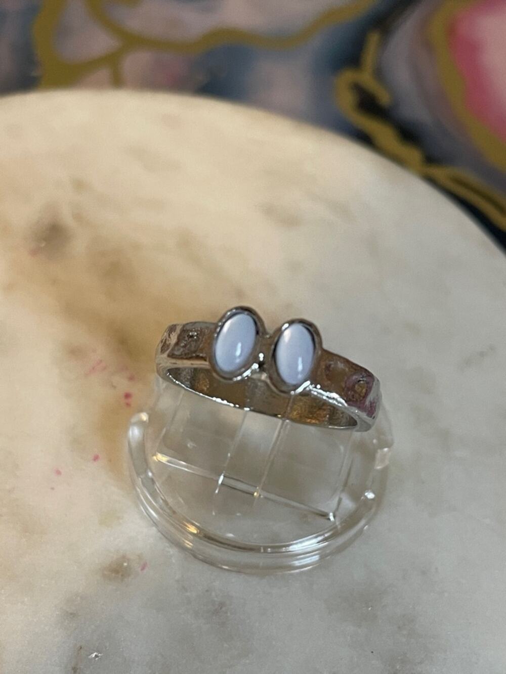 7 Silver White Oval Stone Ring